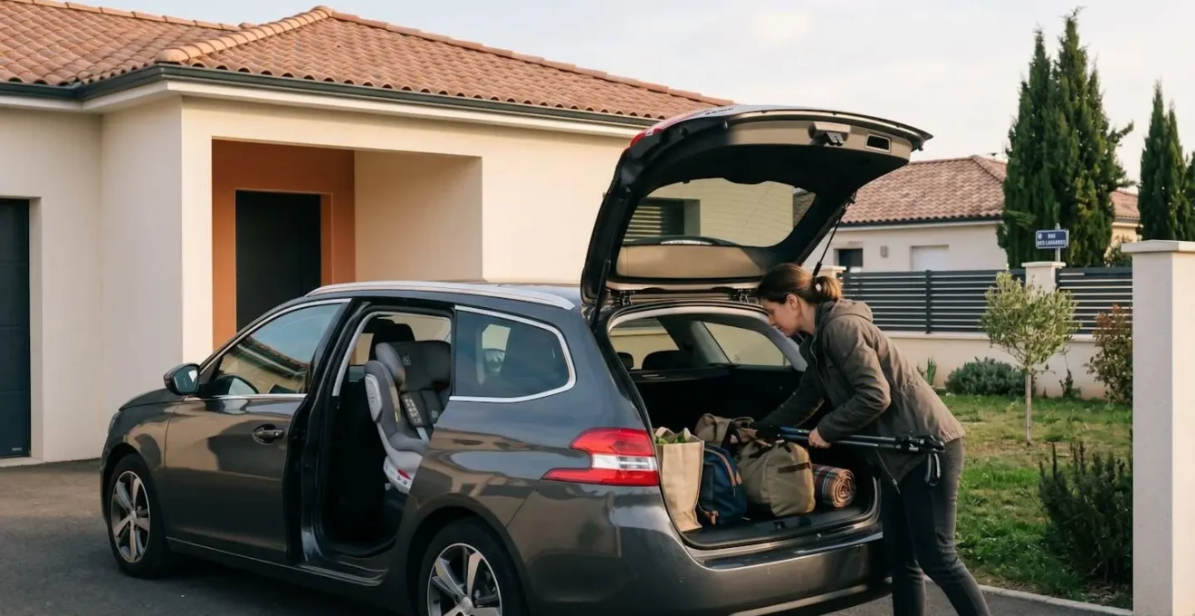 Break familial moderne avec coffre ouvert, parent chargeant des bagages pour week-end, siège enfant ISOFIX visible à l'intérieur, devant maison périurbaine française