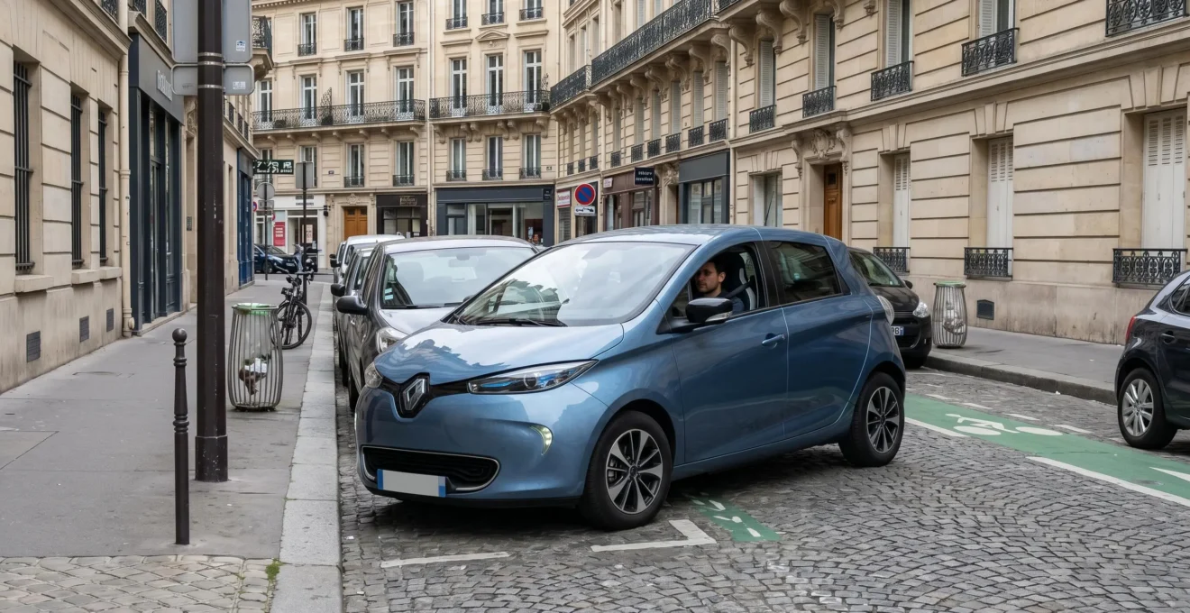 Citadine électrique compacte se garant en créneau dans une rue urbaine étroite d'une ville française, démontrant sa maniabilité en usage quotidien