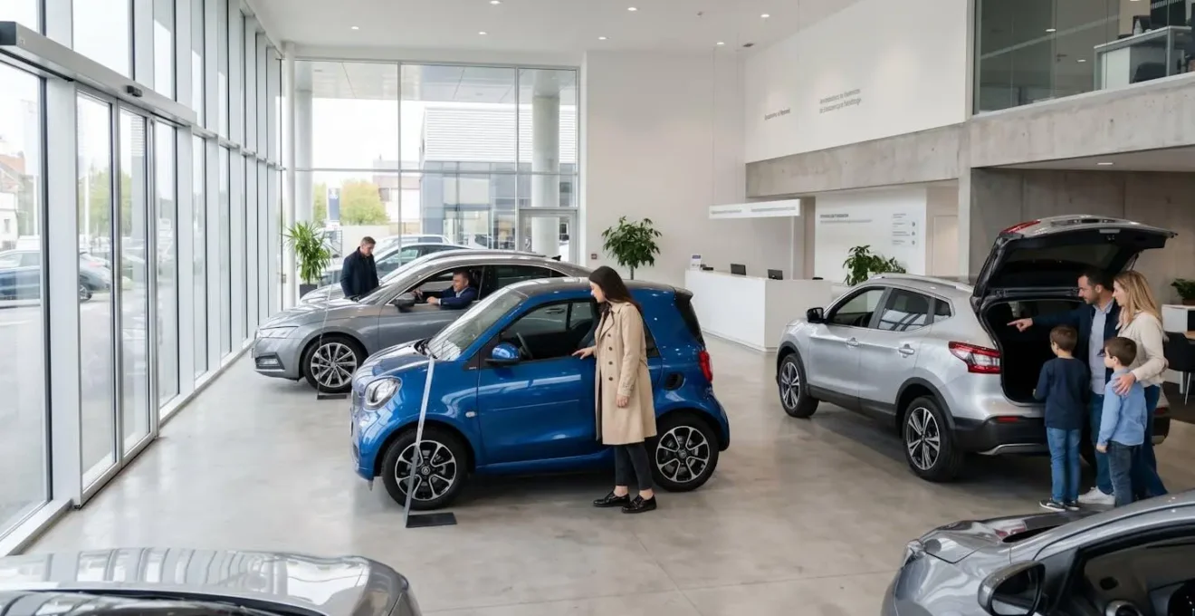 Showroom de concession automobile moderne en France avec différents types de véhicules (citadine électrique, berline, SUV compact) et clients de profils variés consultant naturellement les modèles
