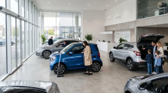 Showroom de concession automobile moderne en France avec différents types de véhicules (citadine électrique, berline, SUV compact) et clients de profils variés consultant naturellement les modèles