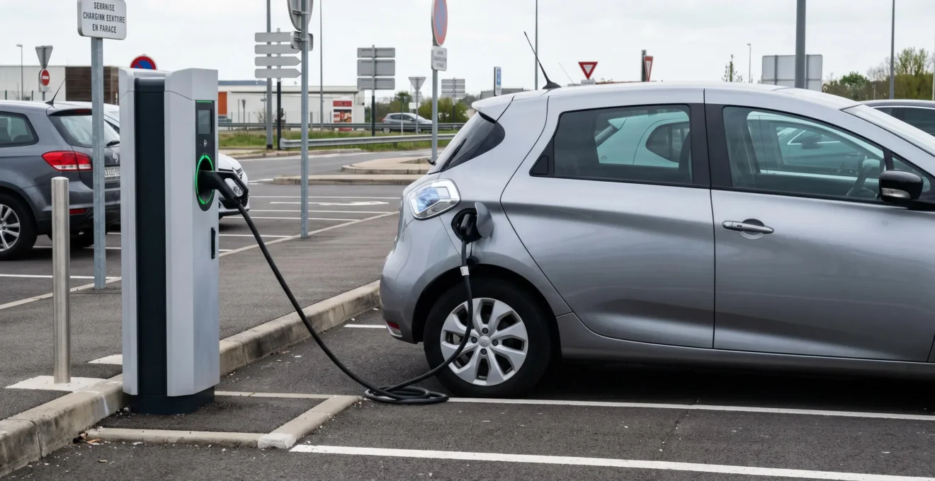 Véhicule électrique en charge sur borne de recharge rapide publique dans un parking français, câble connecté et voyant actif visible